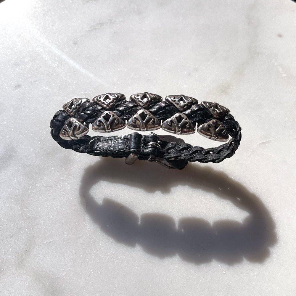 BRIGHTON - Rare vintage Black Leather Braided Silver 9.5" Bracelet